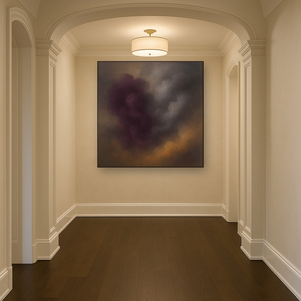 Gilded Plum & Soft Smoke Cloud Harmony No. 16 Oil Painting Staged in Bright Entryway and Hallway Gallery Wall, Hand Painted Fine Art on Linen