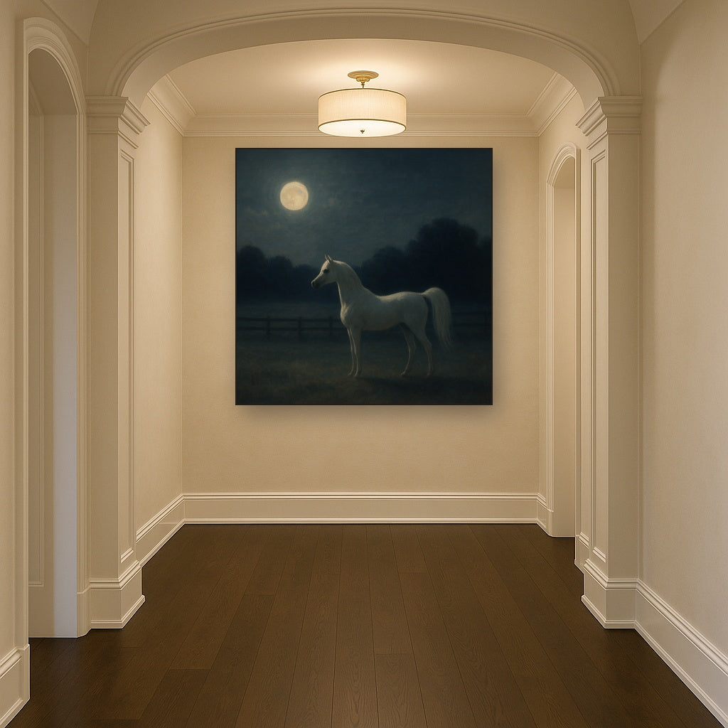 Moonlit Paddock with White Arabian Silhouette No. 19 Oil Painting - View 5