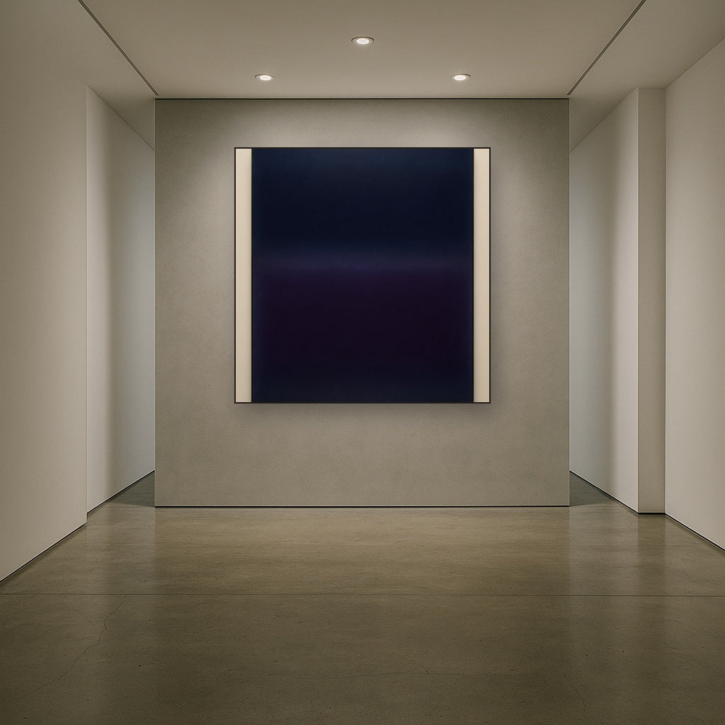 Deep Indigo & Midnight Plum Ambient Field No. 18 Oil Painting Staged in Bright Entryway and Hallway Gallery Wall, Hand Painted Fine Art on Linen