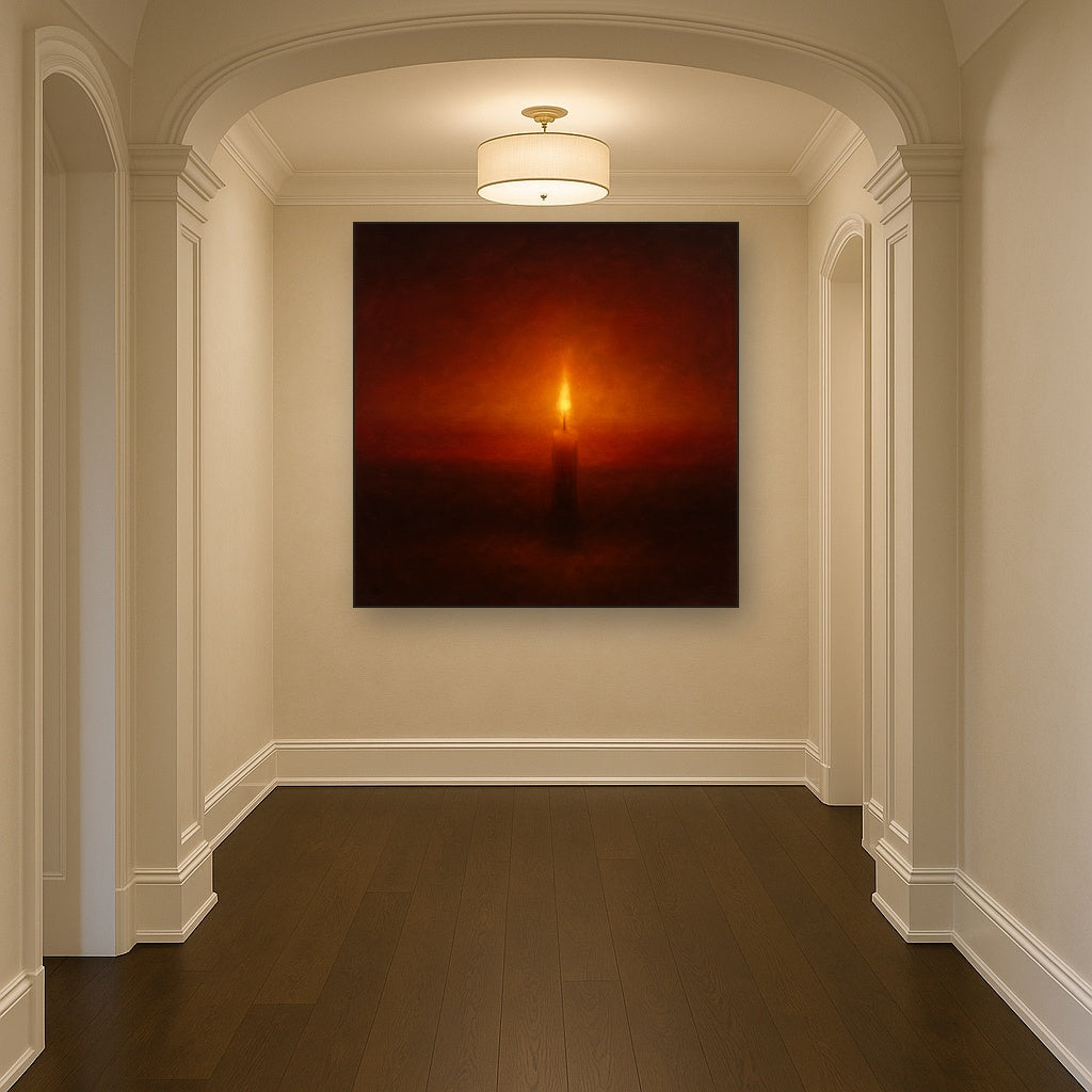 Deep Garnet & Amber Candlelight Horizon No. 2 Oil Painting Staged in Bright Entryway and Hallway Gallery Wall, Hand Painted Fine Art on Linen