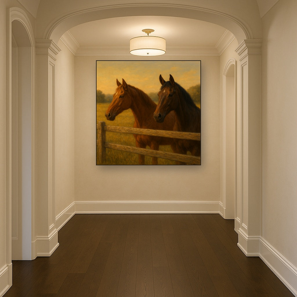Two Horses at Rustic Post & Rail Fence No. 17 Oil Painting - View 5