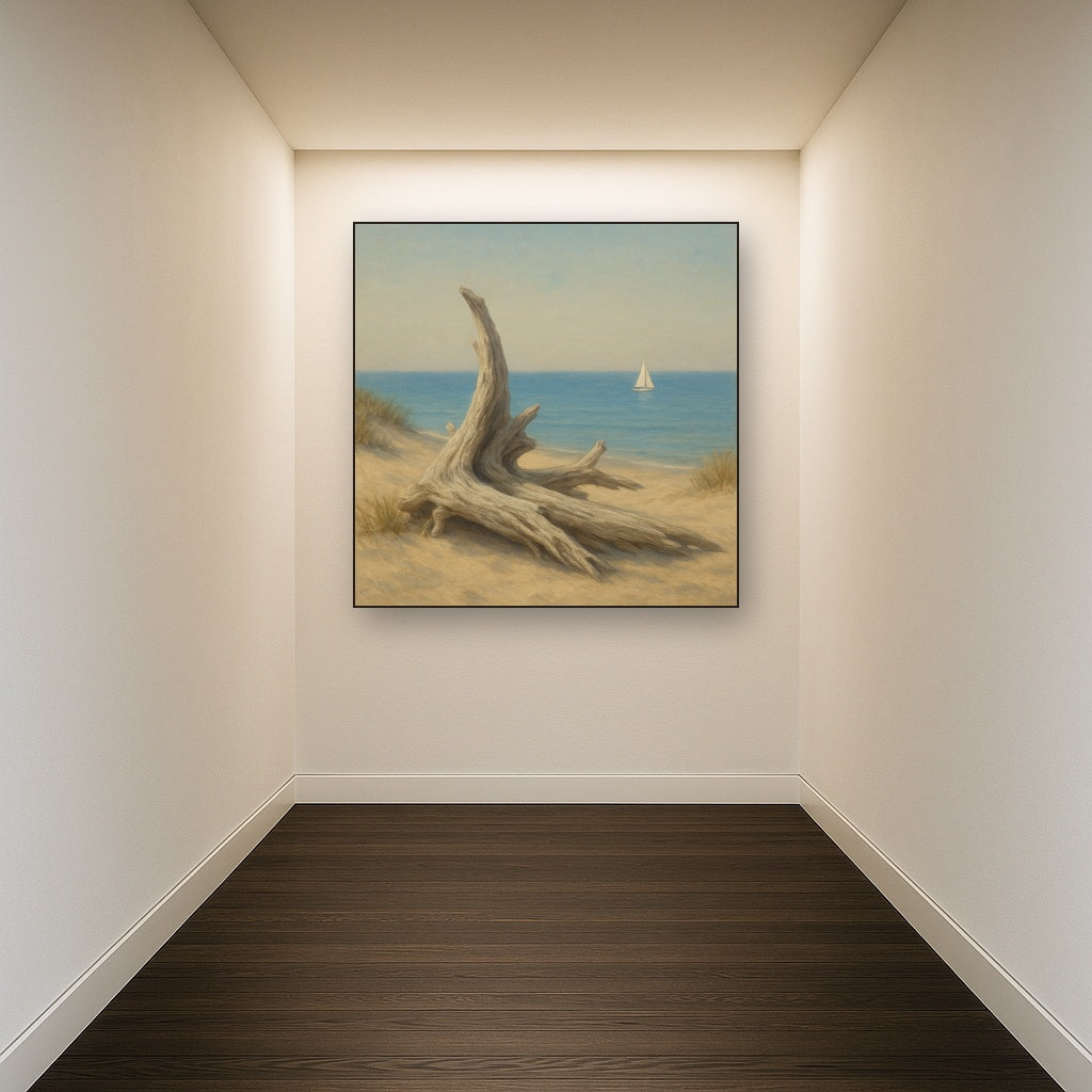 Sun-Bleached Driftwood & Distant Sailboat No. 17 Oil Painting - View 5