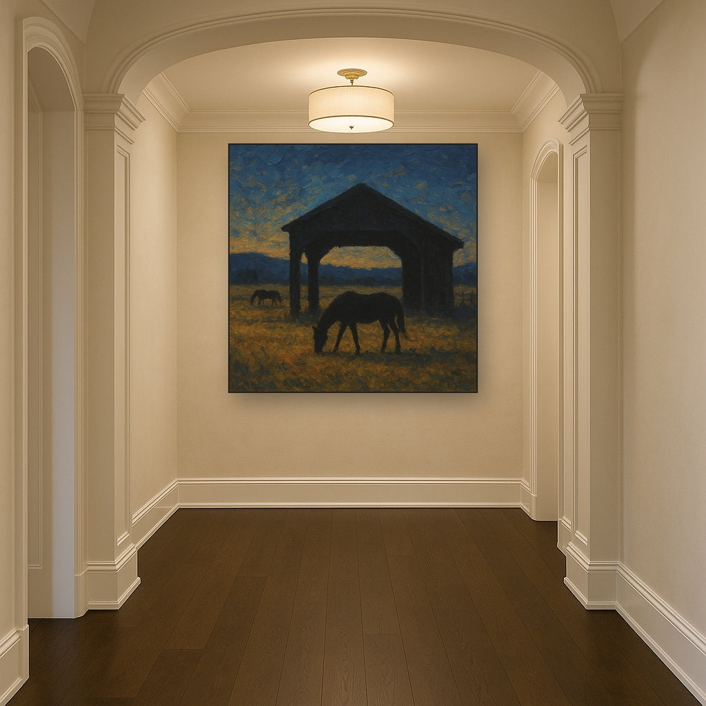 Rustic Equestrian Stable Silhouette No. 5 Oil Painting - Styled in Entryway Hallway