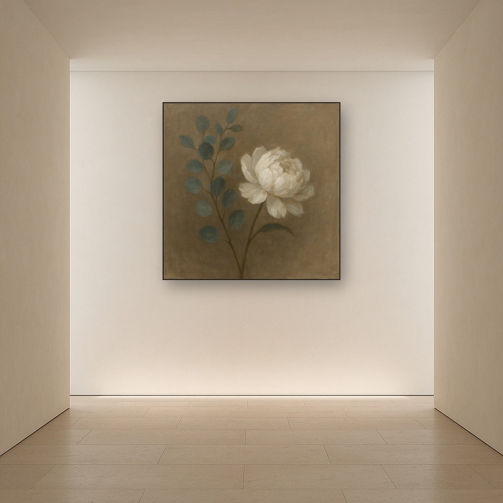 Eucalyptus & White Peony Minimalist Flora No. 2 Fine Art Oil Painting - View 5