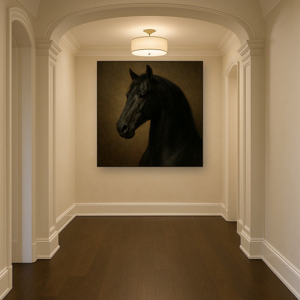 Dark Stallion Portrait in Classical Sfumato Oil Painting Staged in Bright Entryway and Hallway Gallery Wall, Hand Painted Fine Art on Linen