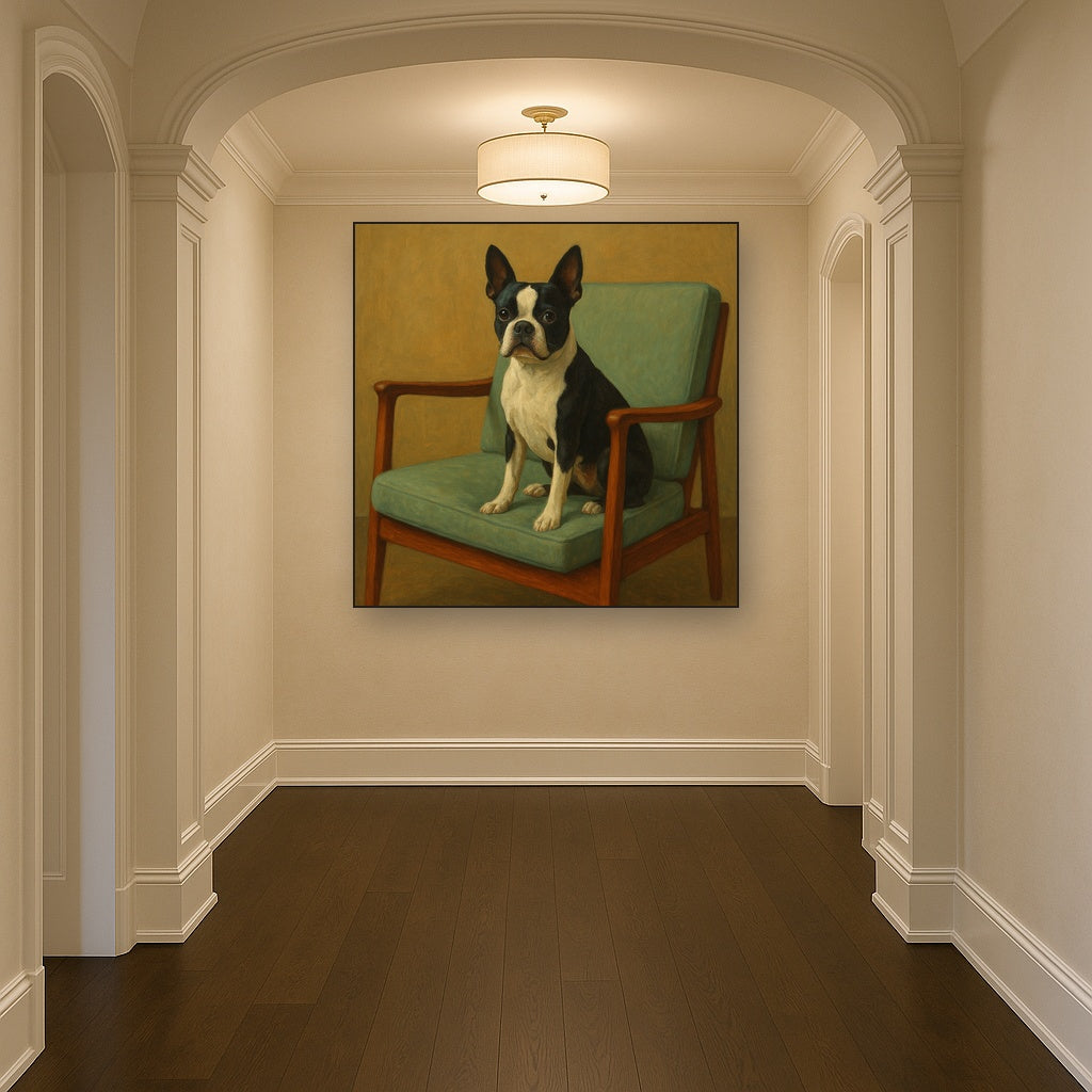 Boston Terrier in Warm Mid-Century Armchair No. 7 Fine Art Oil Painting - View 5