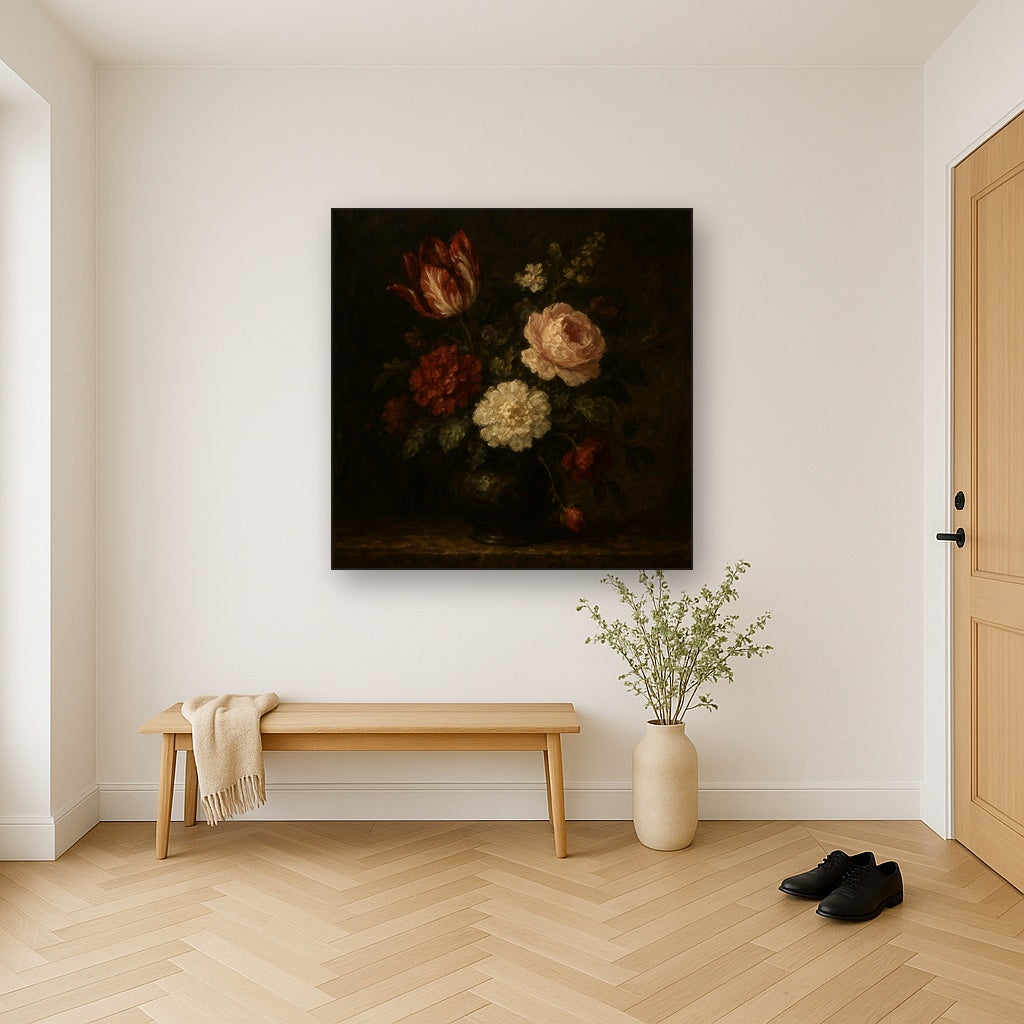 Dutch Golden Age Moody Floral Still Life Oil Painting - Styled in Entryway Hallway