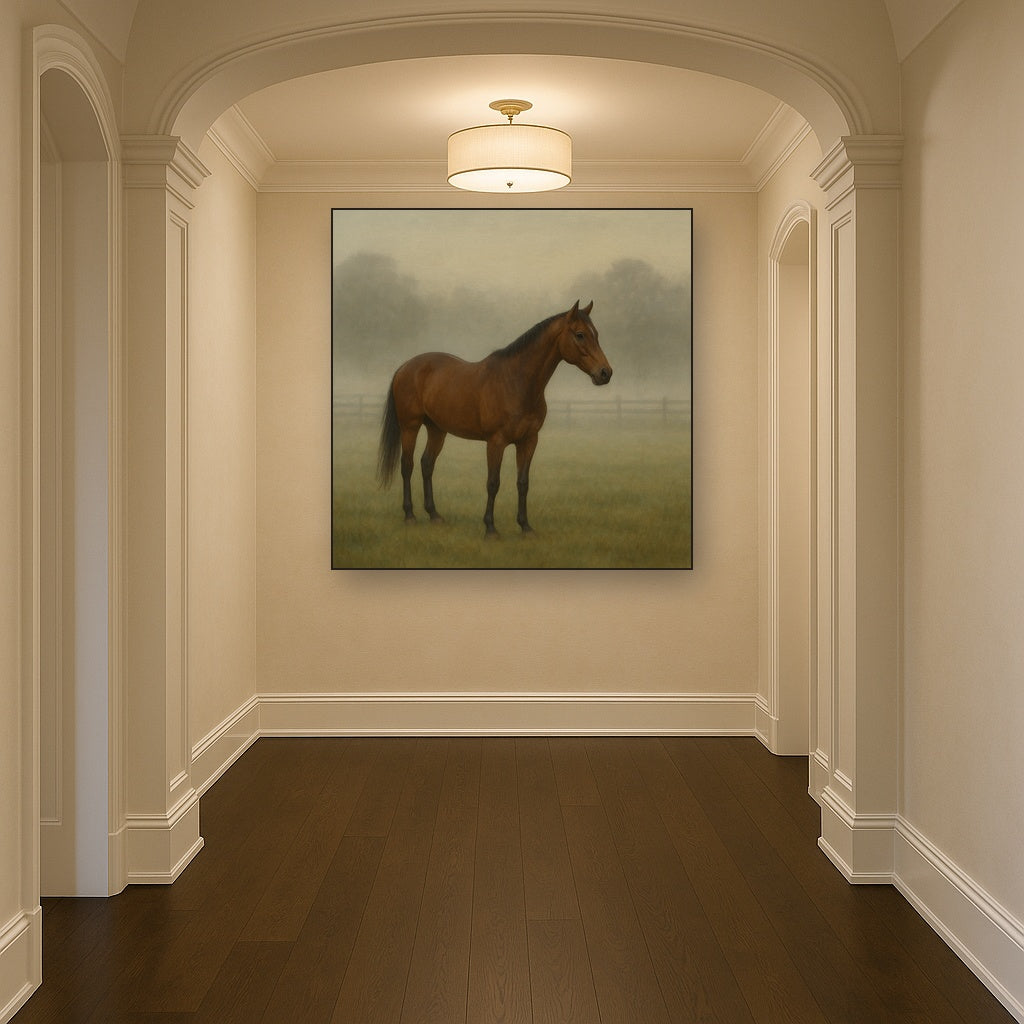 Thoroughbred in Morning Pasture Mist No. 16 Oil Painting - View 5