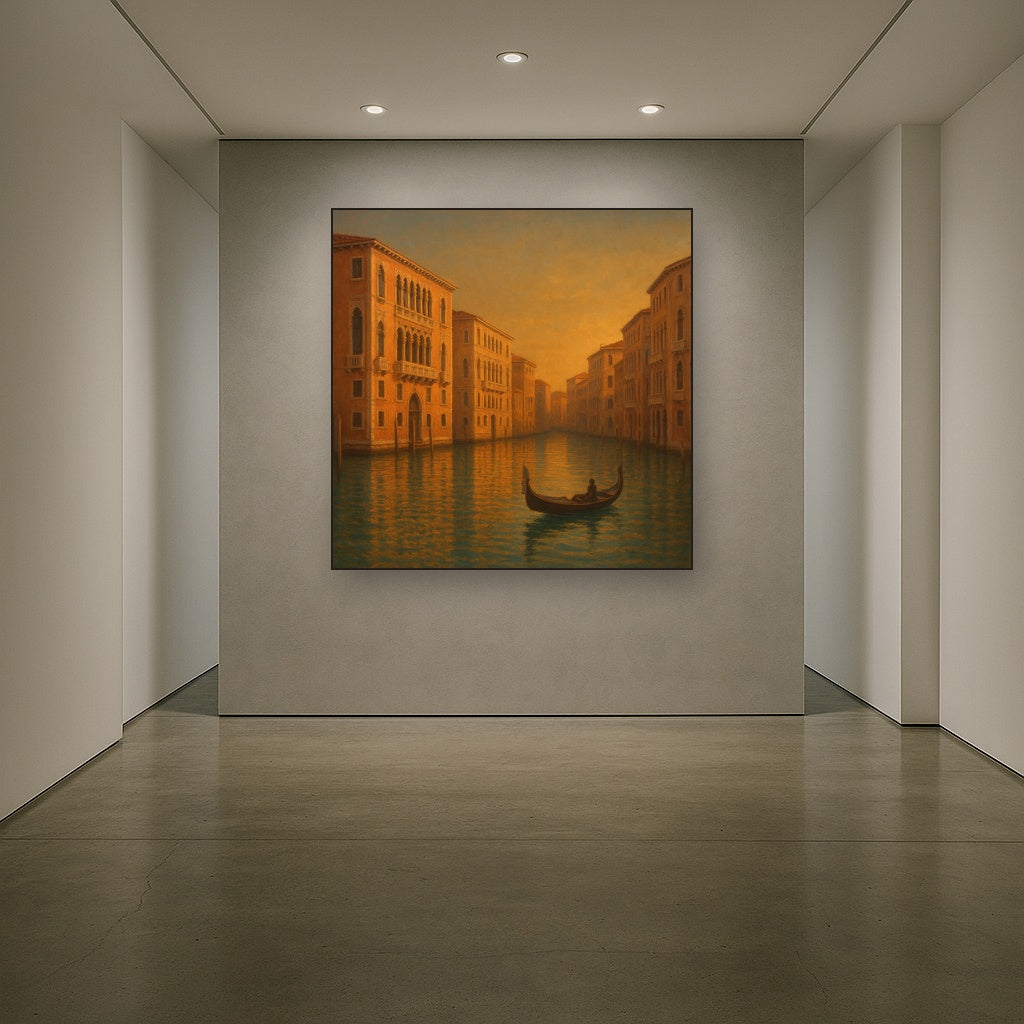 Venetian Canal Palaces at Golden Hour No. 25 Oil Painting Staged in Bright Entryway and Hallway Gallery Wall, Hand Painted Fine Art on Linen