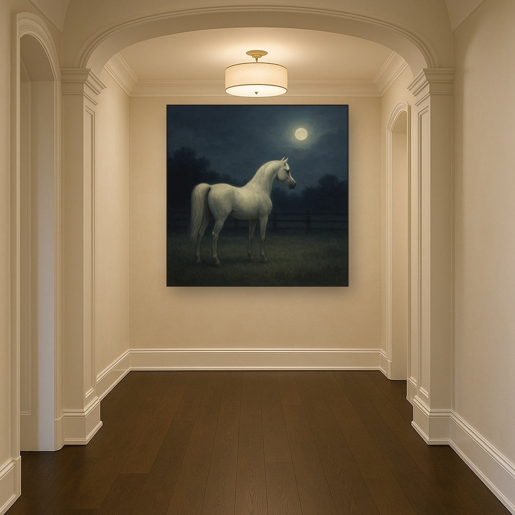 Moonlit Paddock with White Arabian Silhouette No. 6 Oil Painting - View 5