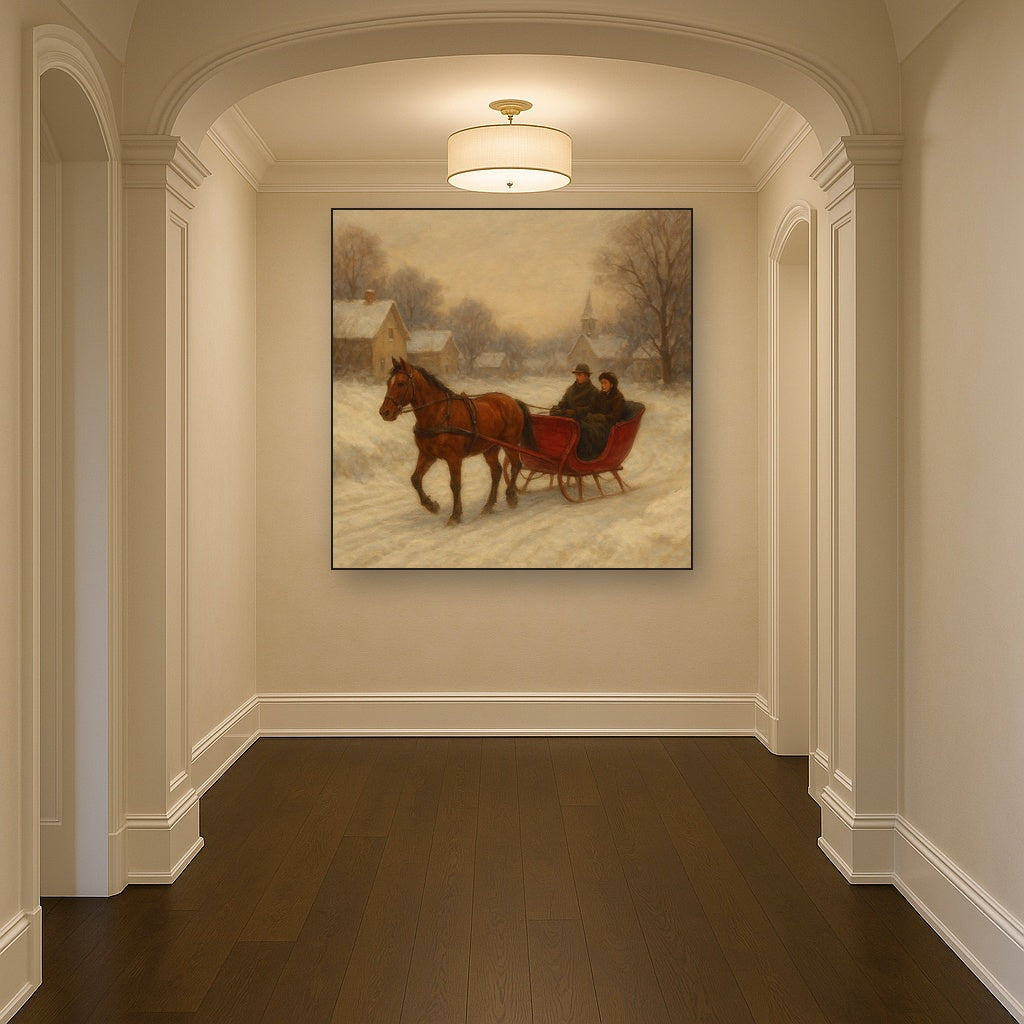 Horse-Drawn Sleigh on Village Snow Road No. 8 Oil Painting - View 5