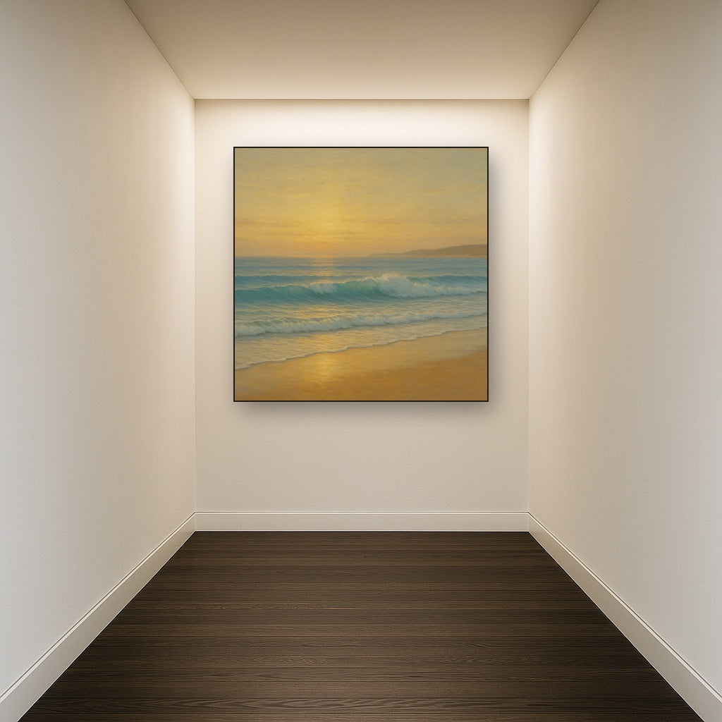 Gentle Breaking Waves & Wet Beach Reflection No. 3 Oil Painting Staged in Bright Entryway and Hallway Gallery Wall, Hand Painted Fine Art on Linen