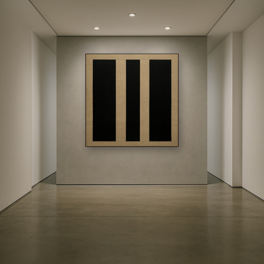 Minimalist Black Stripe & Raw Linen Rhythm No. 12 Fine Art Oil Painting - View 5