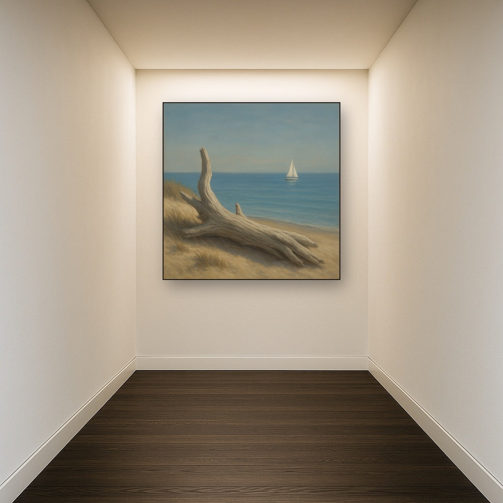 Sun-Bleached Driftwood & Distant Sailboat No. 8 Oil Painting - View 5