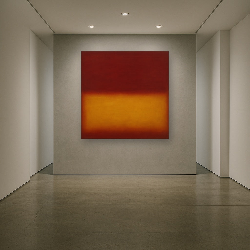 Crimson Burgundy & Saffron Gold Color Vibrations No. 19 Oil Painting Staged in Bright Entryway and Hallway Gallery Wall, Hand Painted Fine Art on Linen