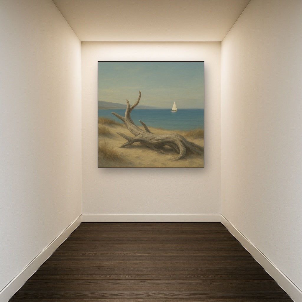 Sun-Bleached Driftwood & Distant Sailboat No. 16 Oil Painting - View 5