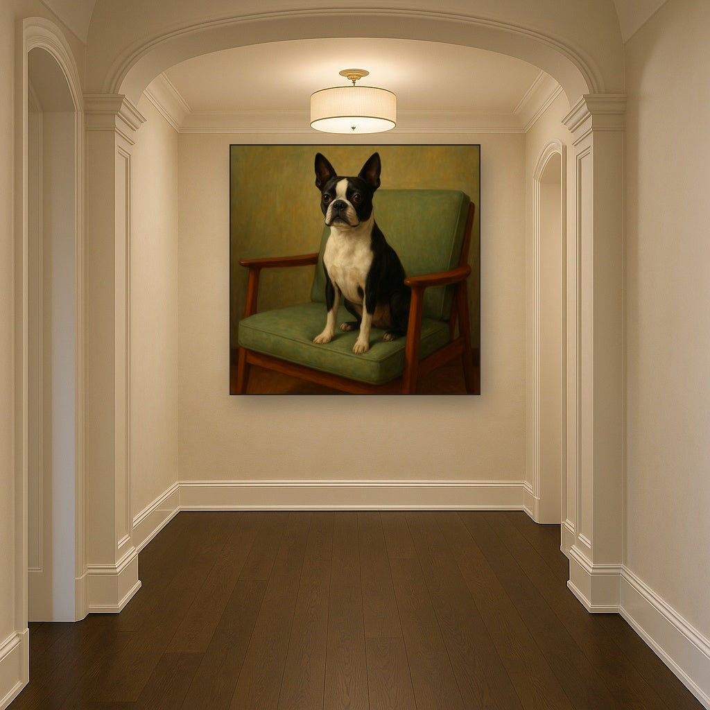 Boston Terrier in Warm Mid-Century Armchair No. 15 Fine Art Oil Painting - View 5