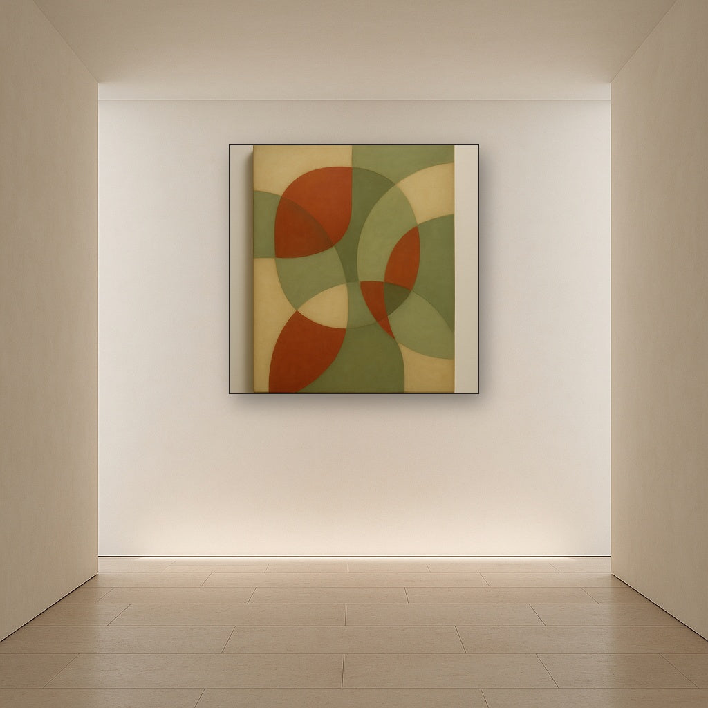 Intersecting Curved Forms in Olive & Rust No. 10 Oil Painting Staged in Bright Entryway and Hallway Gallery Wall, Hand Painted Fine Art on Linen