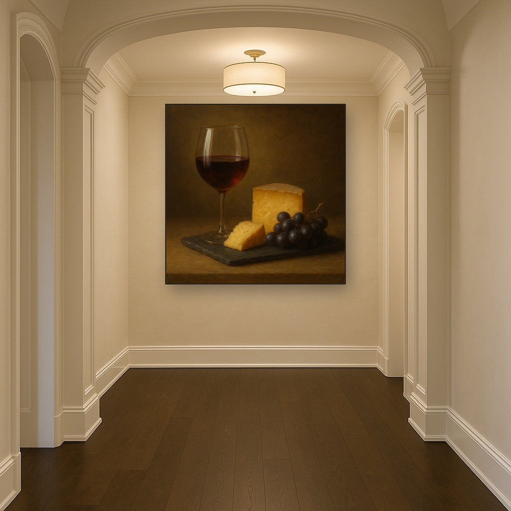 Burgundy Wine Glass & Aged Cheese Board No. 6 Oil Painting - View 5