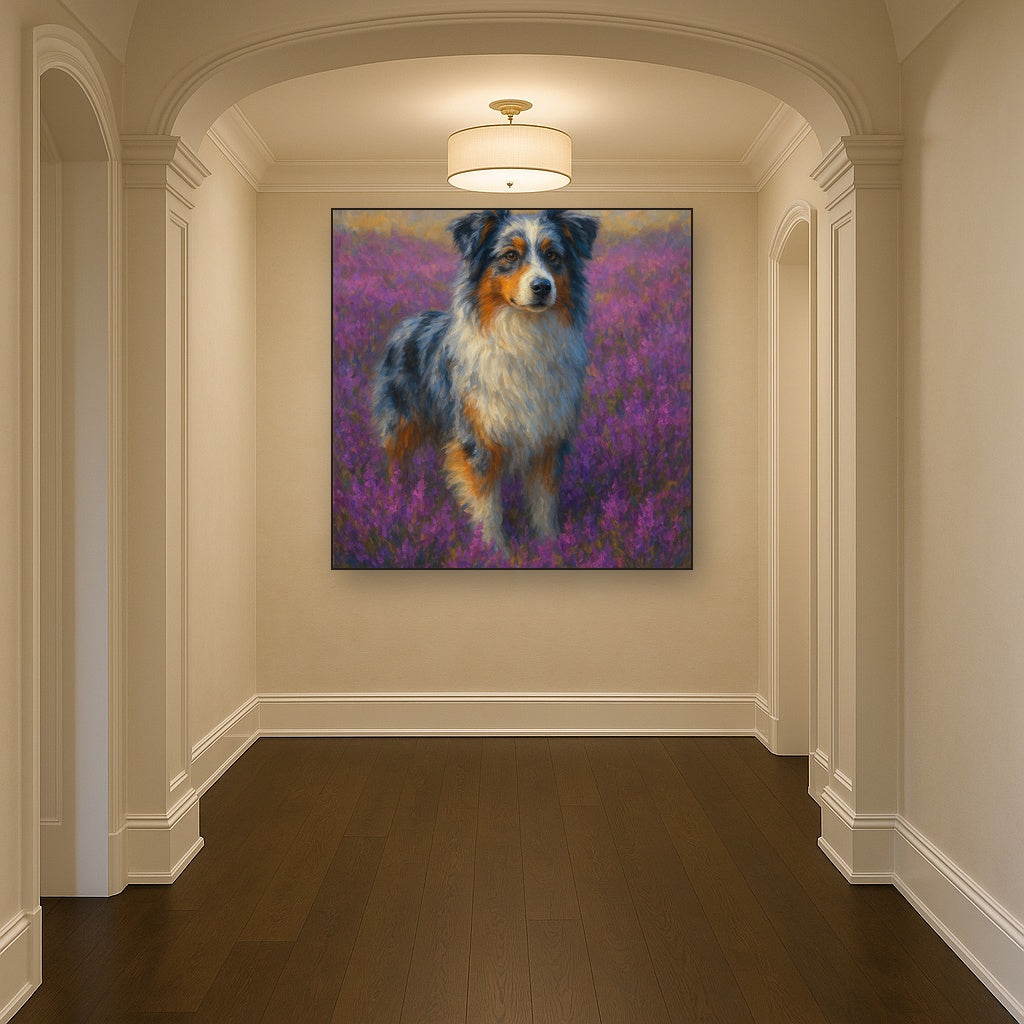 Australian Shepherd in Blooming Heather Field No. 10 Fine Art Oil Painting - View 5