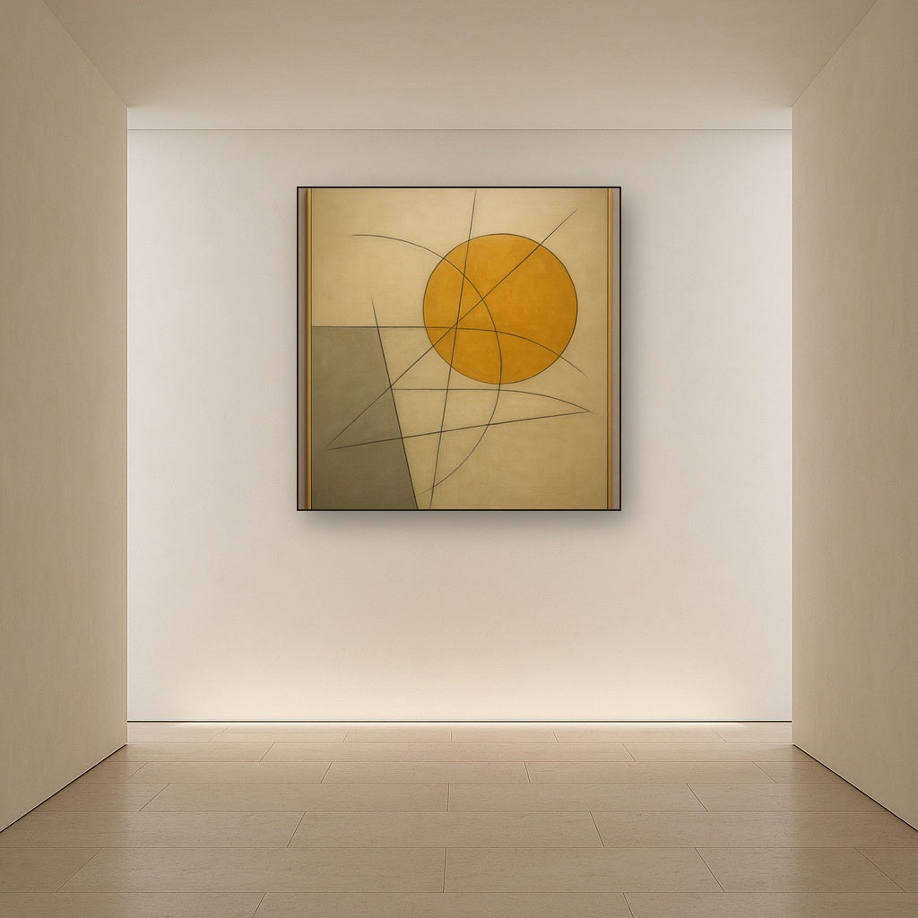 Abstract Tangent Lines & Earthy Ochre Disc No. 10 Oil Painting - View 5