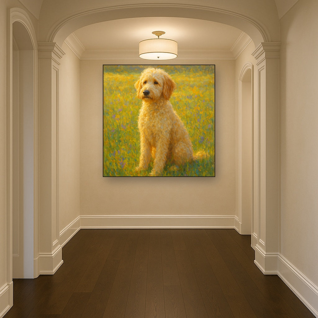 Fluffy Goldendoodle in Sun-Drenched Meadow No. 16 Fine Art Oil Painting - View 5