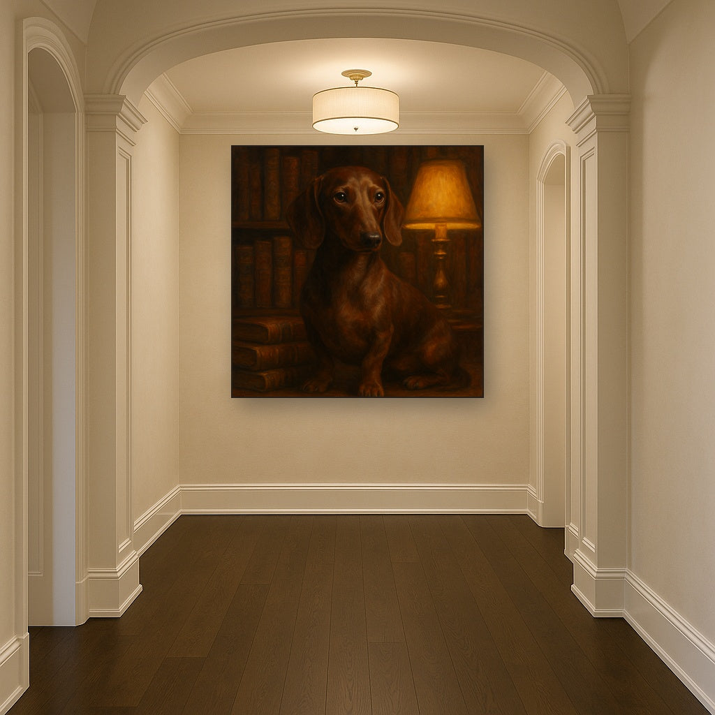 Smooth Dachshund in Moody Library Study No. 3 Fine Art Oil Painting - View 5