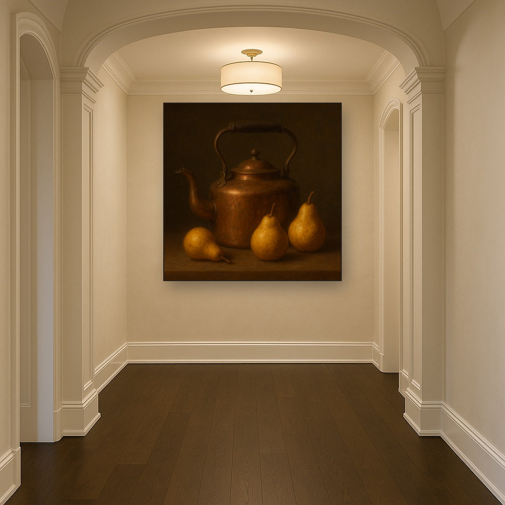 Antique Copper Kettle & Orchard Pears No. 3 Oil Painting Staged in Bright Entryway and Hallway Gallery Wall, Hand Painted Fine Art on Linen