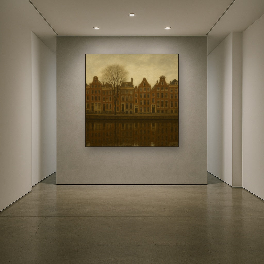 Amsterdam Canal Houses Under Overcast Sky No. 5 Oil Painting Staged in Bright Entryway and Hallway Gallery Wall, Hand Painted Fine Art on Linen