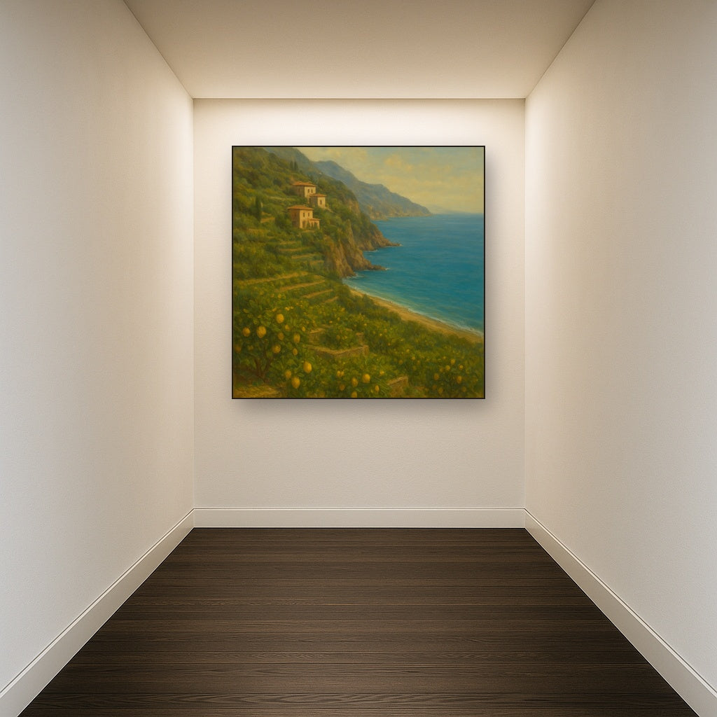 Italian Amalfi Coastline Terraces & Lemon Grove No. 3 Oil Painting Staged in Bright Entryway and Hallway Gallery Wall, Hand Painted Fine Art on Linen