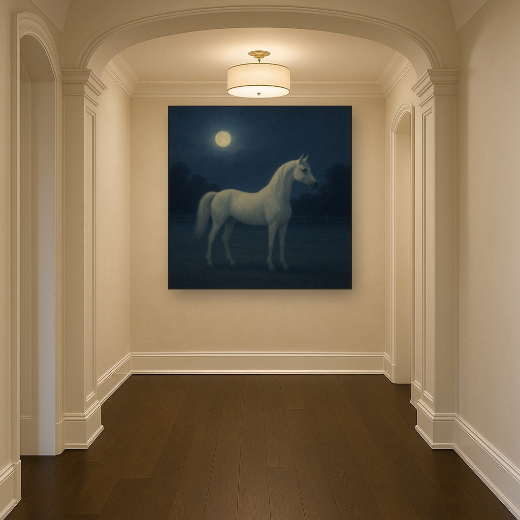 Moonlit Paddock with White Arabian Silhouette No. 2 Oil Painting - View 5