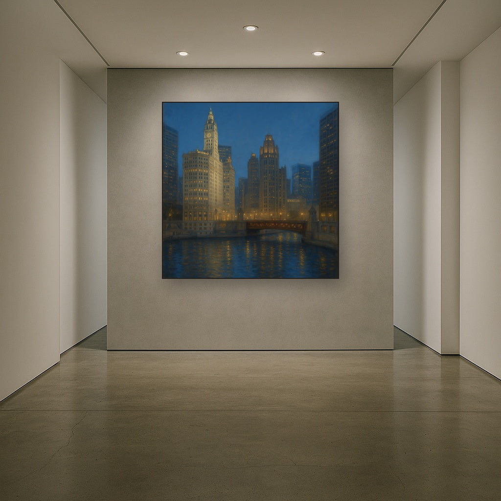 Chicago Riverfront Architecture at Blue Hour Oil Painting - View 5
