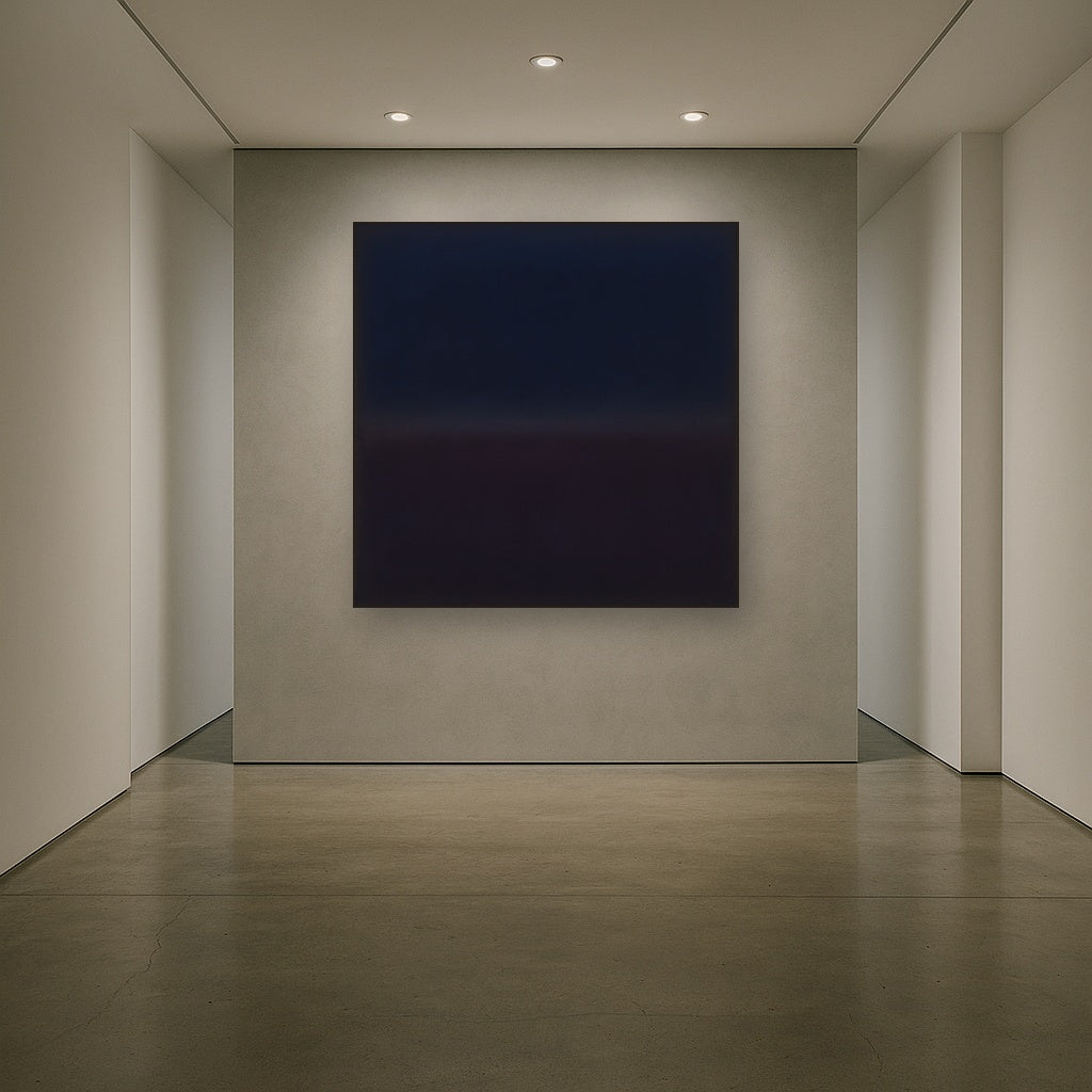 Deep Indigo & Midnight Plum Ambient Field No. 9 Oil Painting Staged in Bright Entryway and Hallway Gallery Wall, Hand Painted Fine Art on Linen