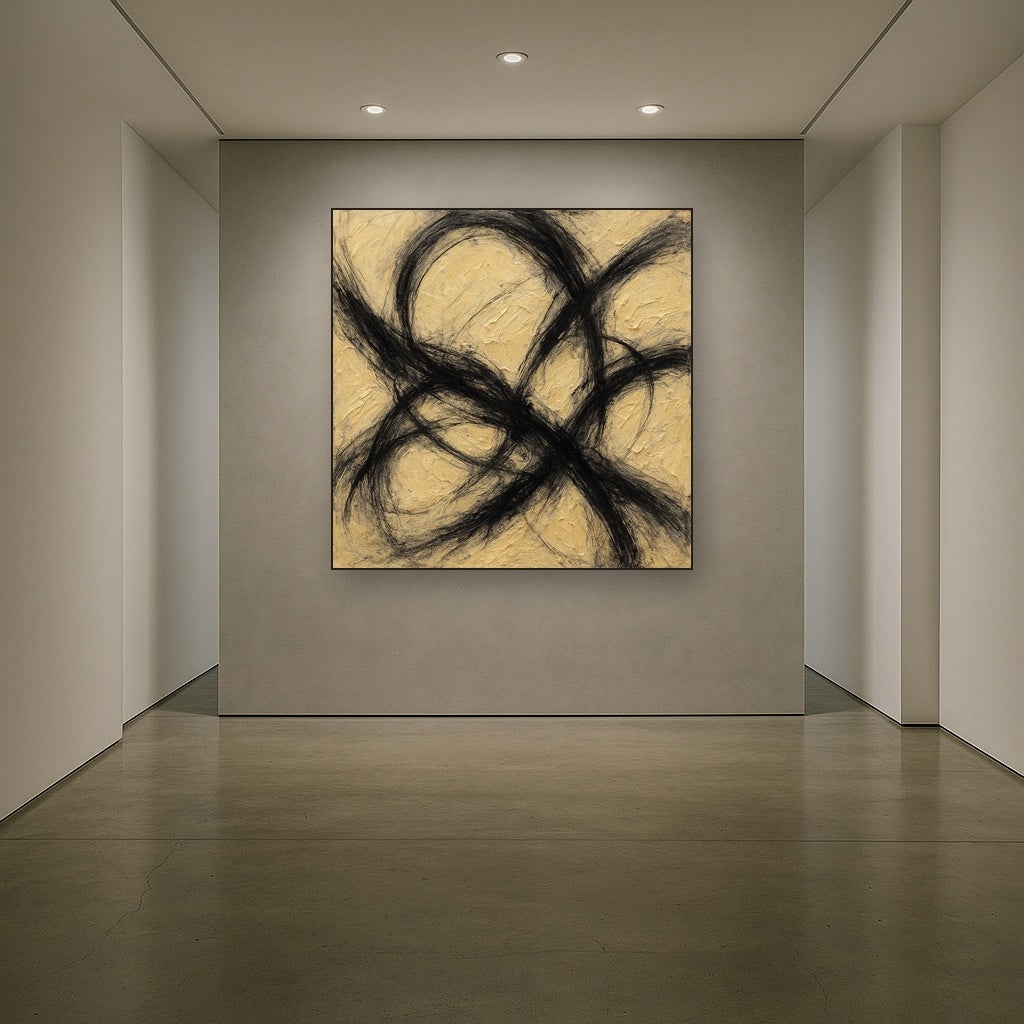 Kinetic Charcoal Surge Modern Abstract Oil Painting - Styled in Entryway Hallway