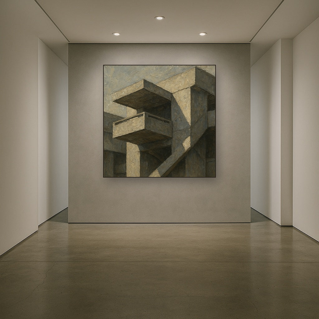 Brutalist Cantilevered Balcony Study No. 2 Oil Painting - Styled in Entryway Hallway