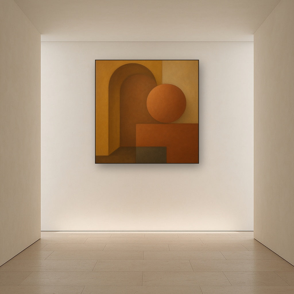 Arch & Circle Equilibrium in Warm Earth Tones No. 21 Oil Painting Staged in Bright Entryway and Hallway Gallery Wall, Hand Painted Fine Art on Linen