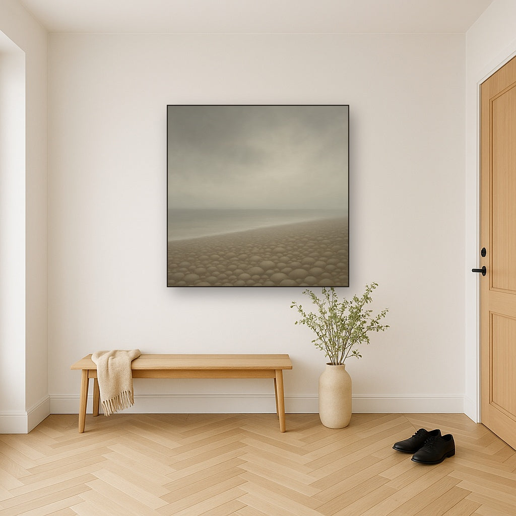 Overcast Coastal Fog & Wet Pebble Shingle No. 21 Oil Painting Staged in Bright Entryway and Hallway Gallery Wall, Hand Painted Fine Art on Linen