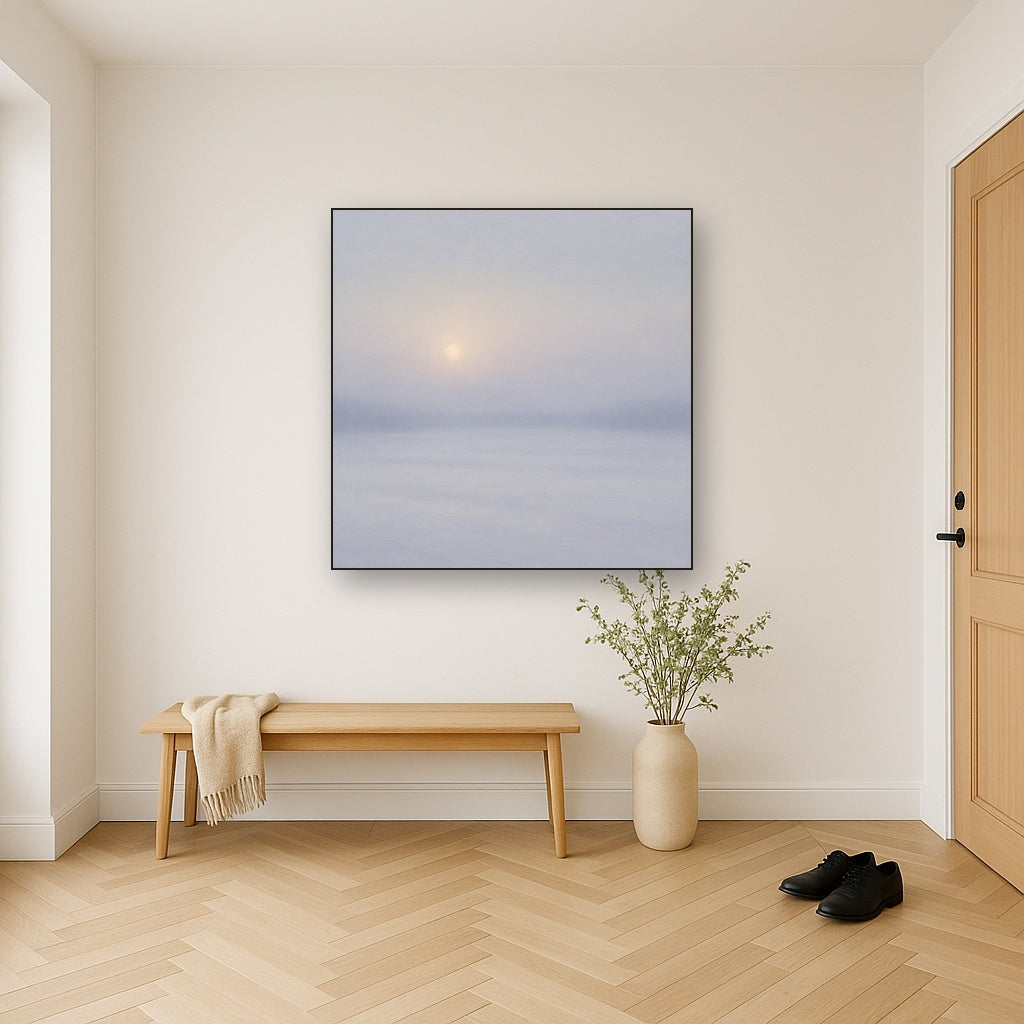 Winter Dawn Frost & Pale Silver Light No. 7 Oil Painting Staged in Bright Entryway and Hallway Gallery Wall, Hand Painted Fine Art on Linen