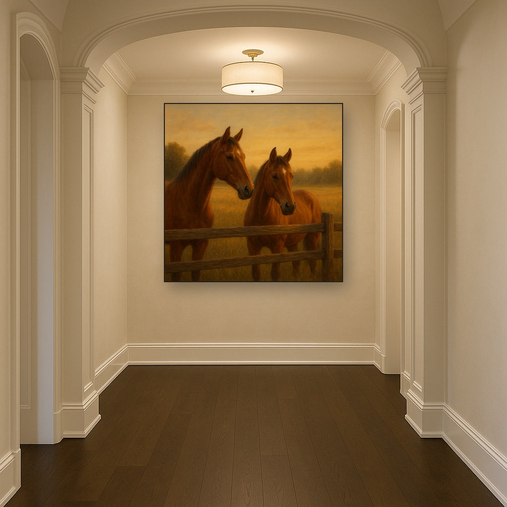 Two Horses at Rustic Post & Rail Fence No. 15 Oil Painting Staged in Bright Entryway and Hallway Gallery Wall, Hand Painted Fine Art on Linen