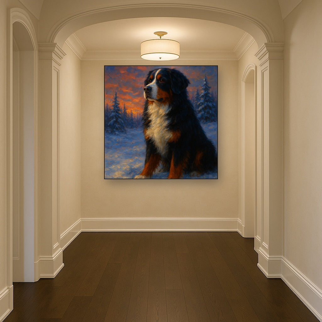 Bernese Mountain Dog in Winter Snowscape No. 13 Fine Art Oil Painting - View 5