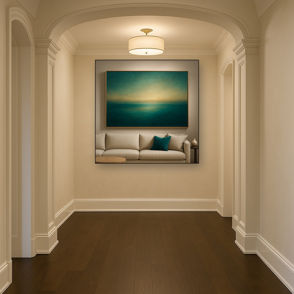 Peacock Teal & Champagne Gold Horizon No. 6 Oil Painting Staged in Bright Entryway and Hallway Gallery Wall, Hand Painted Fine Art on Linen