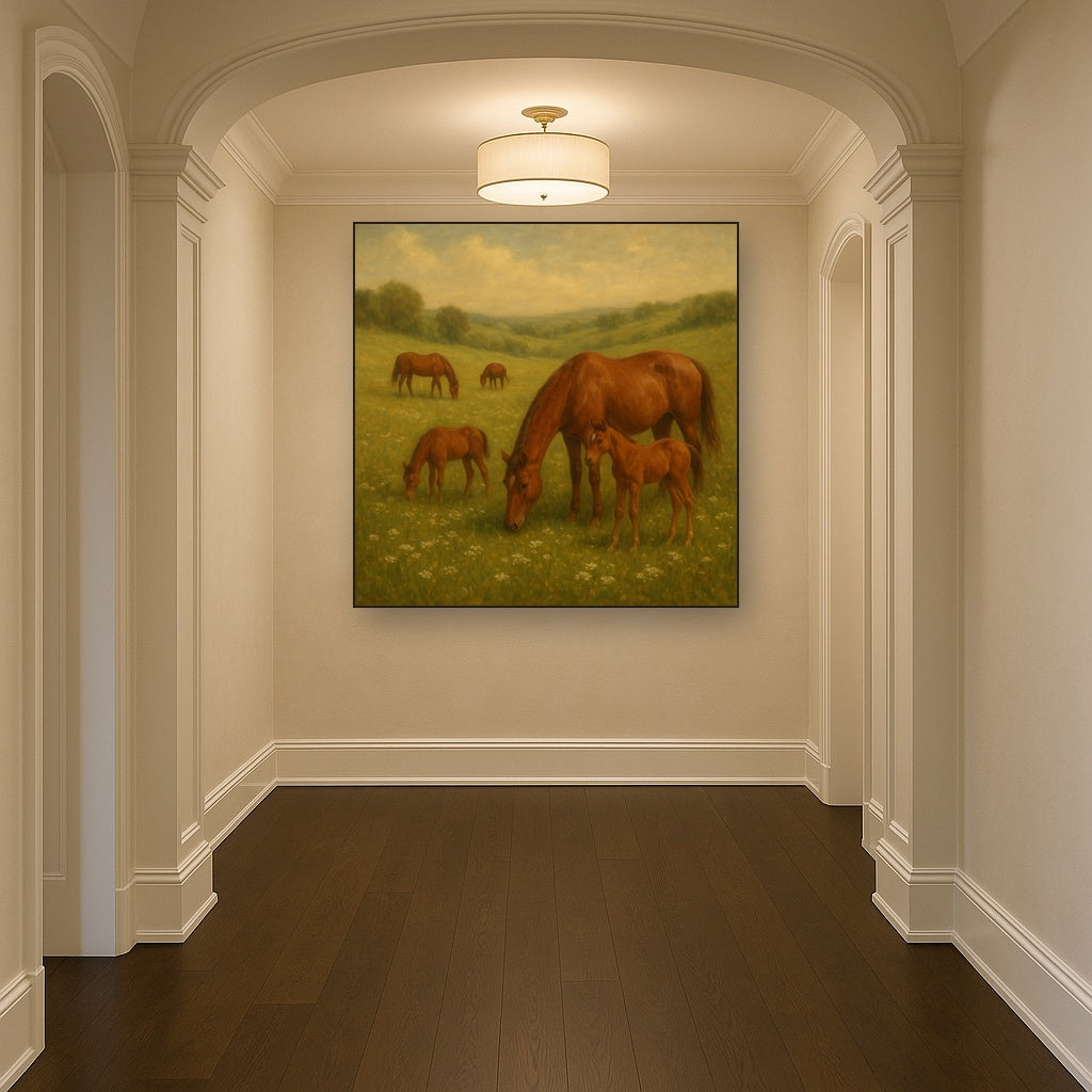 Mares & Foals Grazing in Rolling Meadow No. 10 Oil Painting - View 5