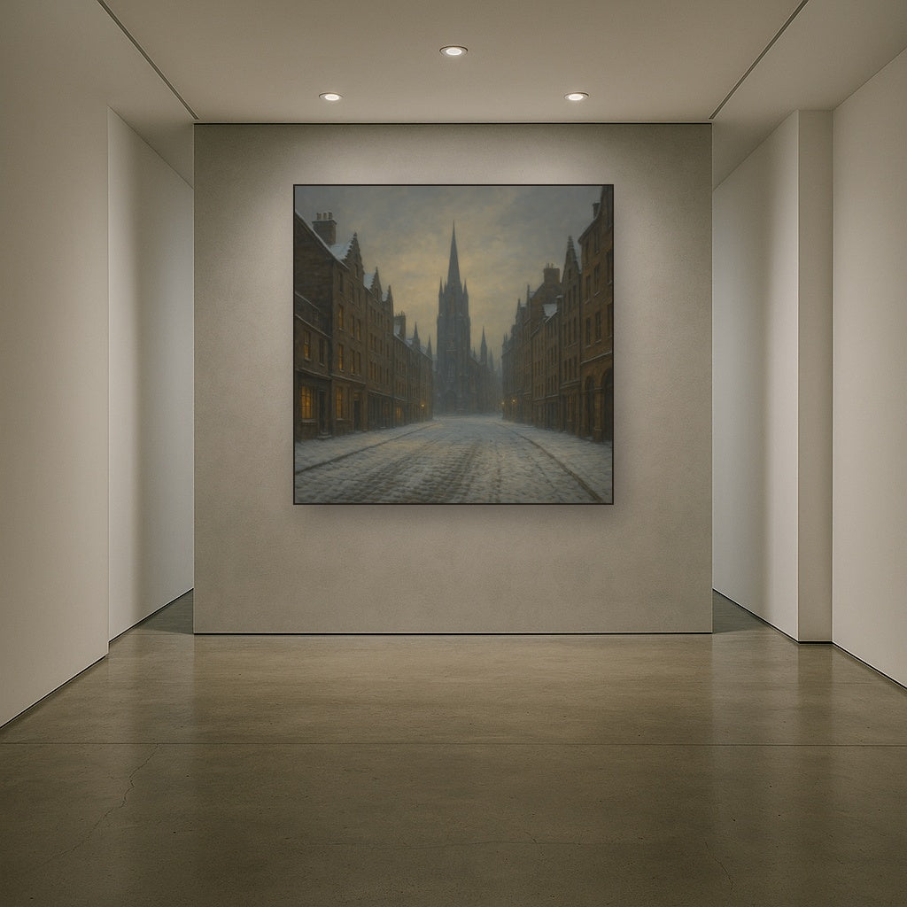 Edinburgh Old Town Royal Mile in Snow No. 21 Oil Painting Staged in Bright Entryway and Hallway Gallery Wall, Hand Painted Fine Art on Linen