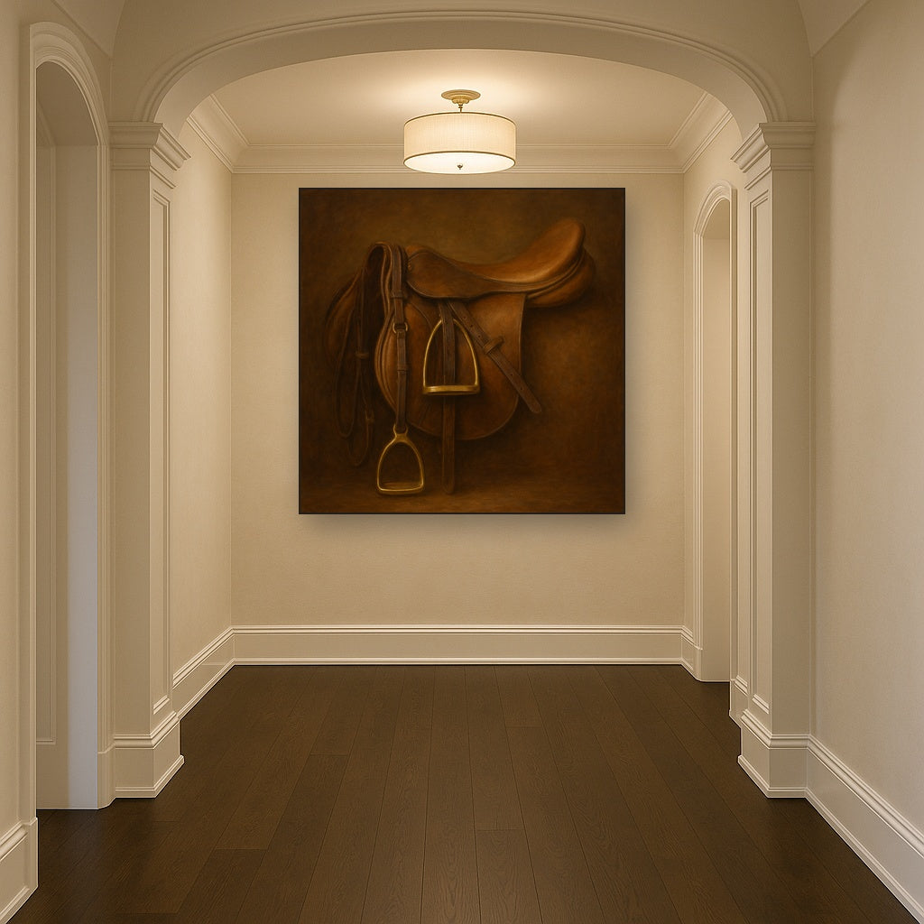 Vintage Bridle & Polished Leather Saddle No. 7 Oil Painting Staged in Bright Entryway and Hallway Gallery Wall, Hand Painted Fine Art on Linen