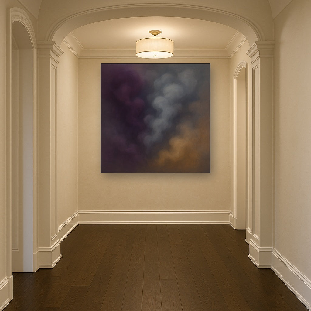 Gilded Plum & Soft Smoke Cloud Harmony No. 15 Oil Painting Staged in Bright Entryway and Hallway Gallery Wall, Hand Painted Fine Art on Linen