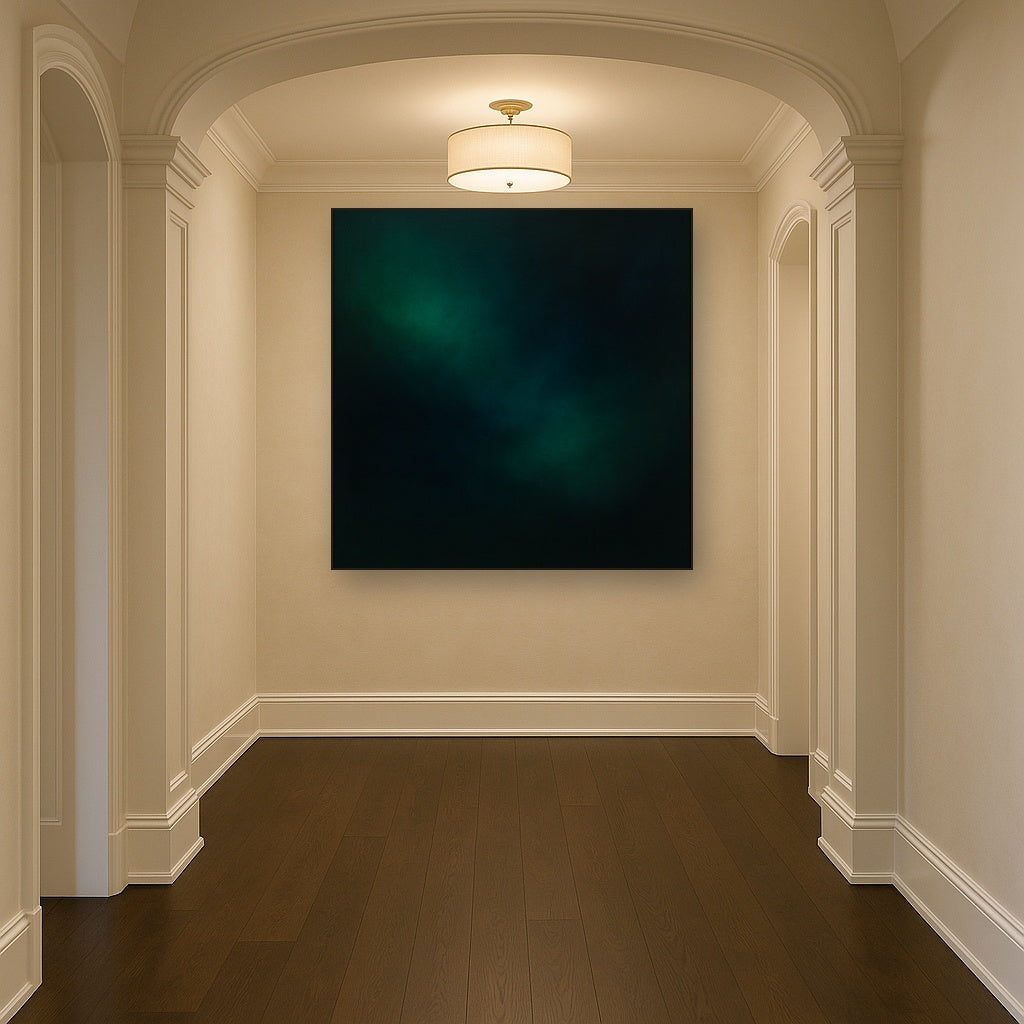Emerald & Midnight Sapphire Sfumato Immersion No. 19 Oil Painting Staged in Bright Entryway and Hallway Gallery Wall, Hand Painted Fine Art on Linen