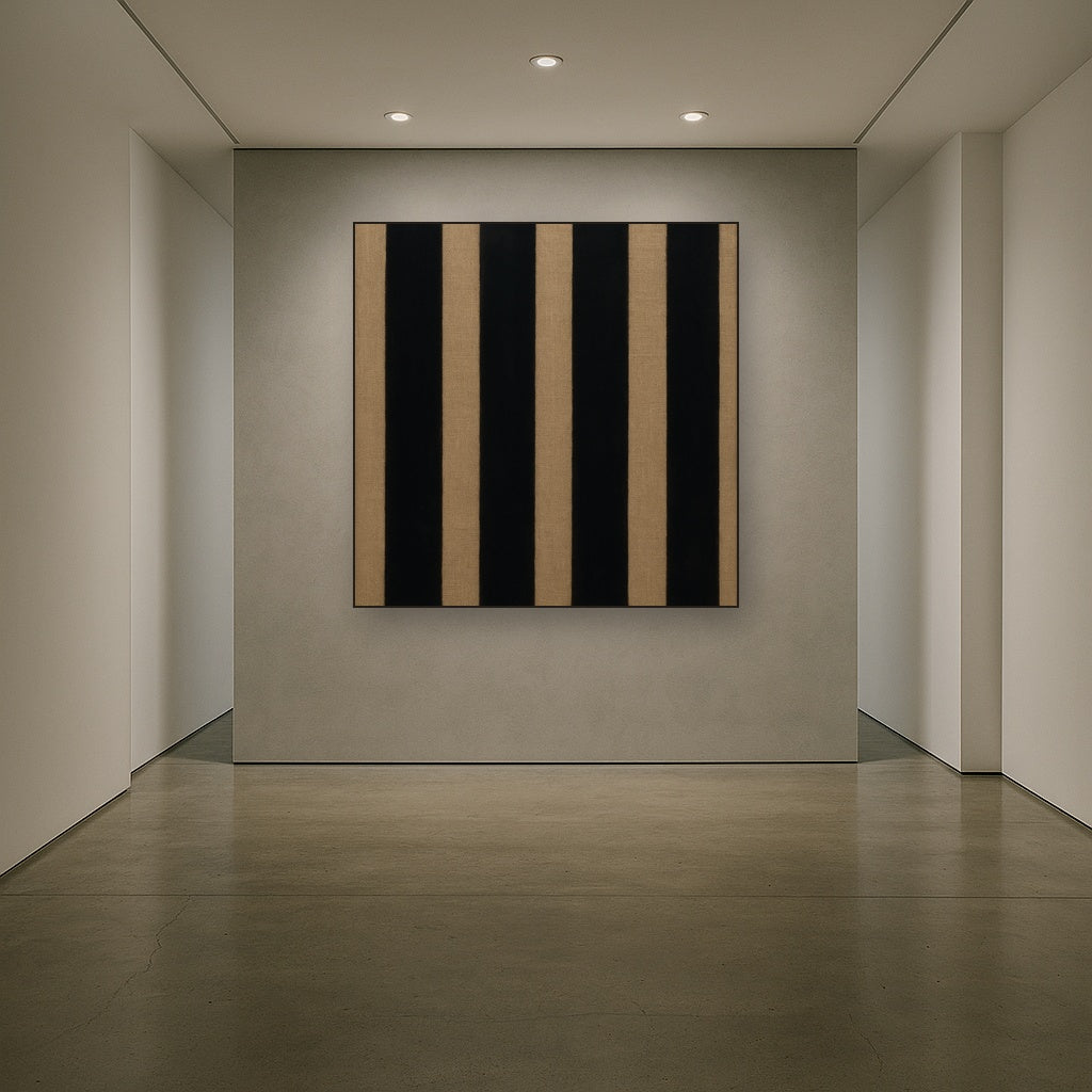 Minimalist Black Stripe & Raw Linen Rhythm No. 5 Fine Art Oil Painting - View 5