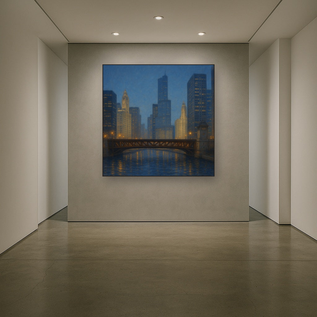 Chicago Riverfront Architecture at Blue Hour No. 17 Oil Painting - View 5
