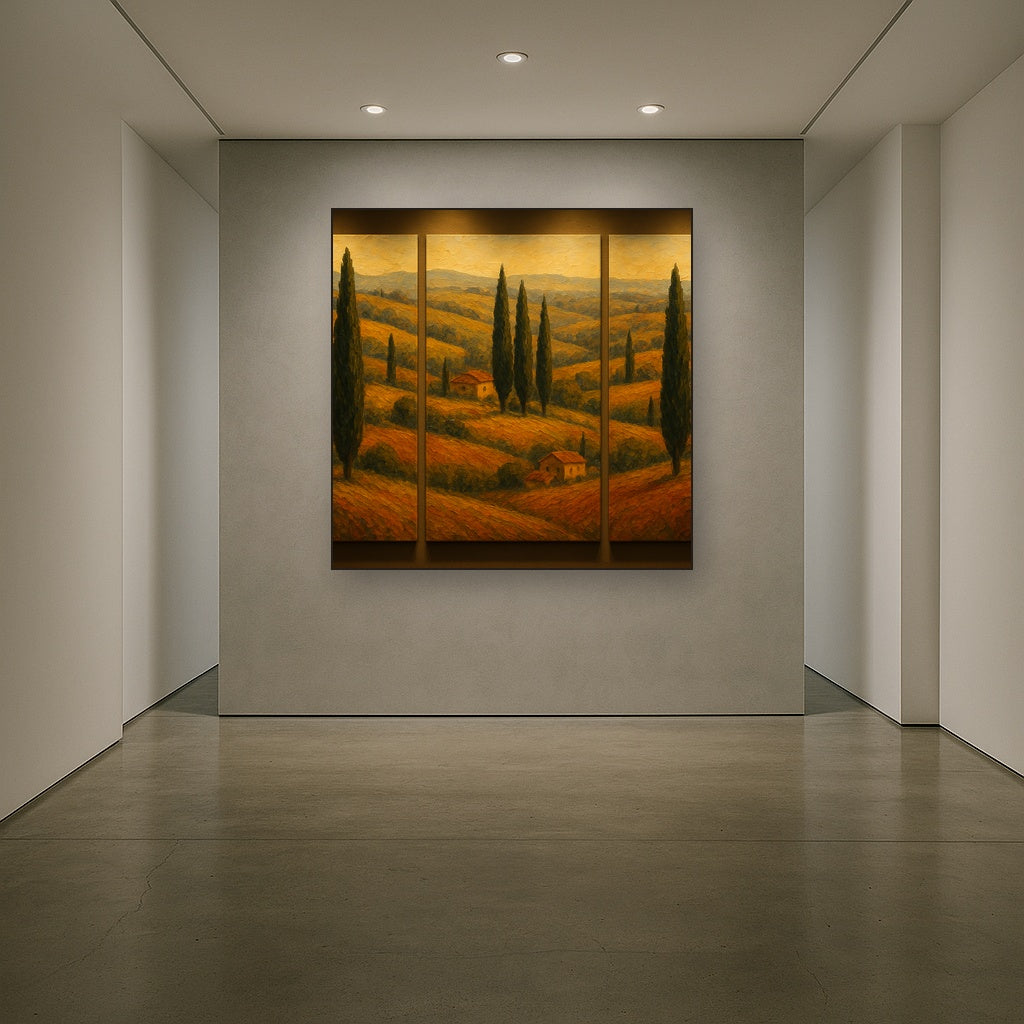 Tuscan Cypress Panorama Triptych Oil Painting - Styled in Entryway Hallway
