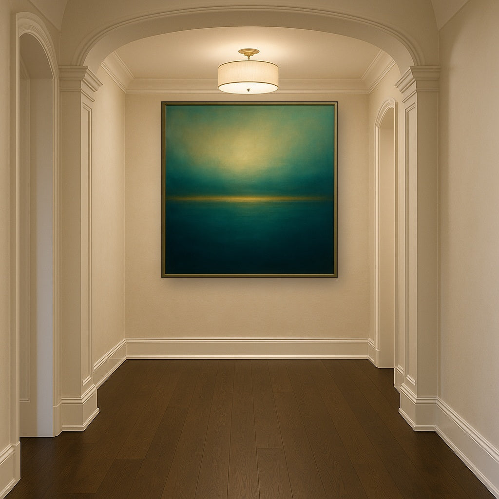 Peacock Teal & Champagne Gold Horizon No. 16 Oil Painting - View 5